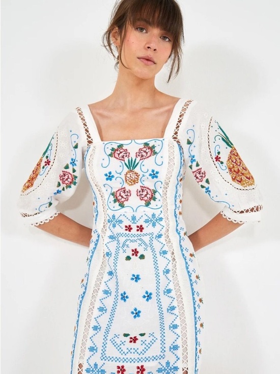 FARM Rio Dresses & Skirts - FARM Rio White Embroidered Mini Dress with Blue, Pink, Gold Accents